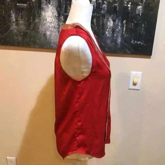 Michael Kors Red Sleeveless Beaded Neck Tie Top with Button Front Size Small - Picture 5 of 6